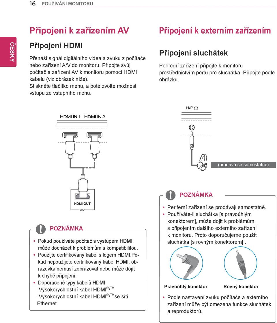 Připojení sluchátek Periferní zařízení připojte k monitoru prostřednictvím portu pro sluchátka. Připojte podle obrázku.