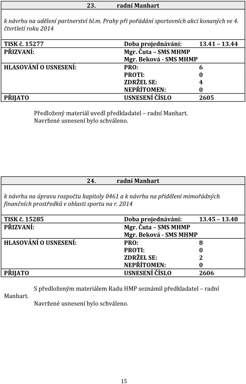 radní Manhart k návrhu na úpravu rozpočtu kapitoly 0461 a k návrhu na přidělení mimořádných finančních prostředků v oblasti sportu na r. 2014 TISK č. 15285 Doba projednávání: 13.