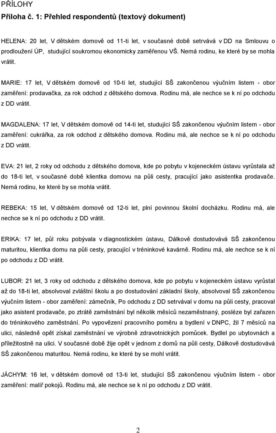 Nemá rodinu, ke které by se mohla vrátit. MARIE: 17 let, V dětském domově od 10-ti let, studující SŠ zakončenou výučním listem - obor zaměření: prodavačka, za rok odchod z dětského domova.