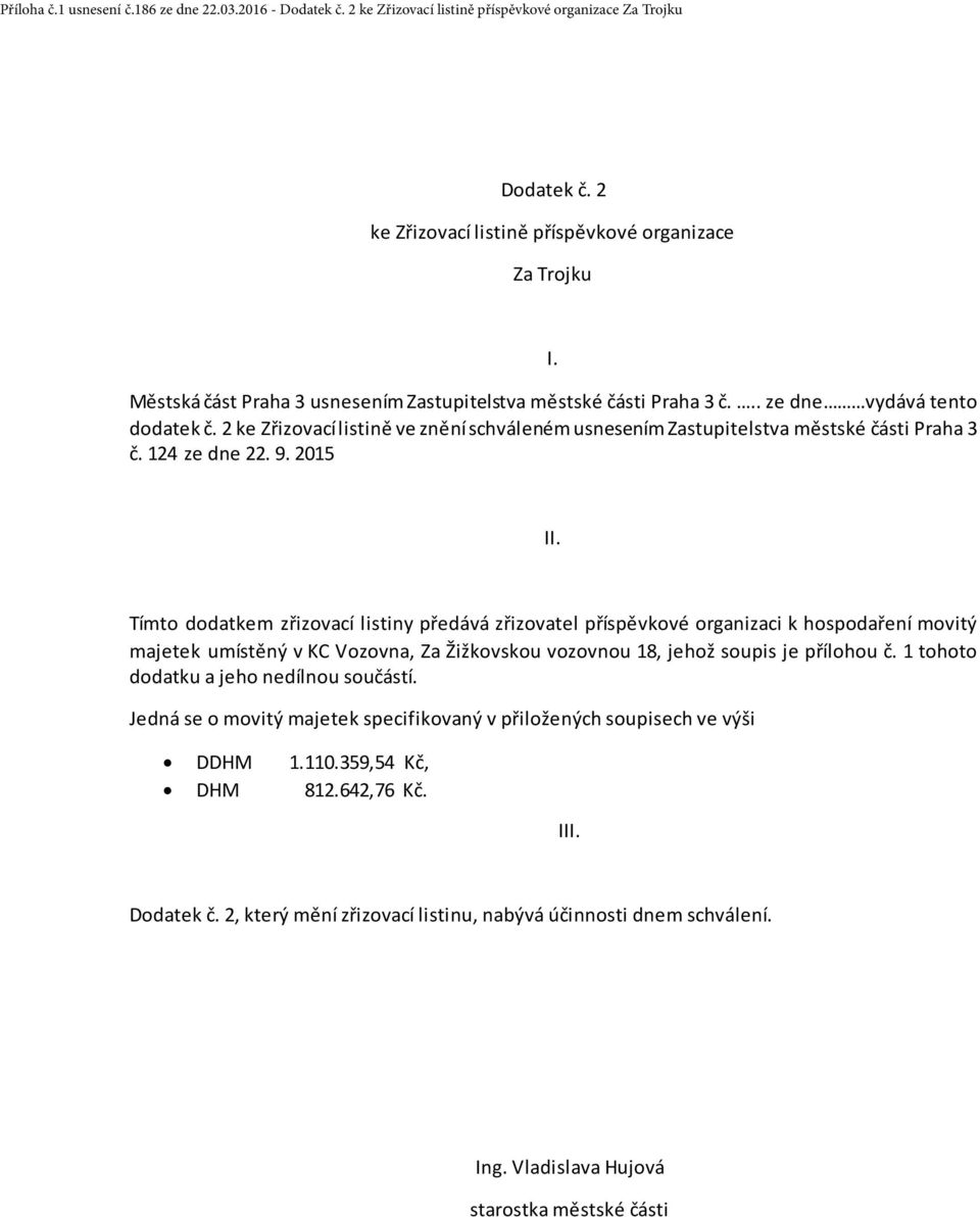 Tímto dodatkem zřizovací listiny předává zřizovatel příspěvkové organizaci k hospodaření movitý majetek umístěný v KC Vozovna, Za Žižkovskou vozovnou 18, jehož soupis je přílohou č.