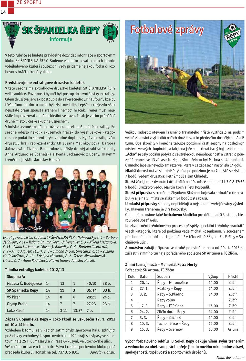 Představujeme extraligové družstvo kadetek V této sezoně má extraligové družstvo kadetek SK ŠPANIELKA ŘEPY velké ambice. Povinností by měl být postup do první šestky extraligy.