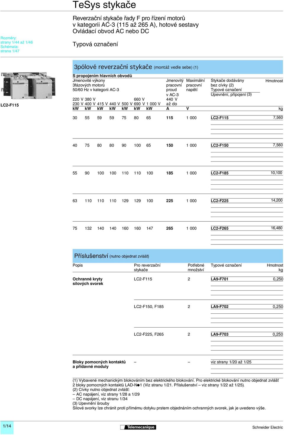 (2) 50/60 Hz v kategorii AC-3 proud napětí Typové označení v AC-3 Upevnění, připojení (3) 220 V 380 V 660 V 440 V 230 V 400 V 415 V 440 V 500 V 690 V 1 000 V až do kw kw kw kw kw kw kw A V kg 30 55