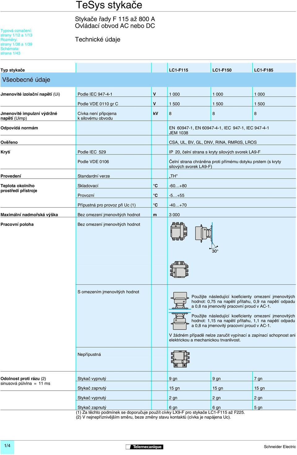 (Uimp) k silovému obvodu Odpovídá normám EN 60947-1, EN 60947-4-1, IEC 947-1, IEC 947-4-1 JEM 1038 Ověřeno CSA, UL, BV, GL, DNV, RINA, RMR0S, LROS Krytí Podle IEC 529 IP 20, čelní strana s kryty
