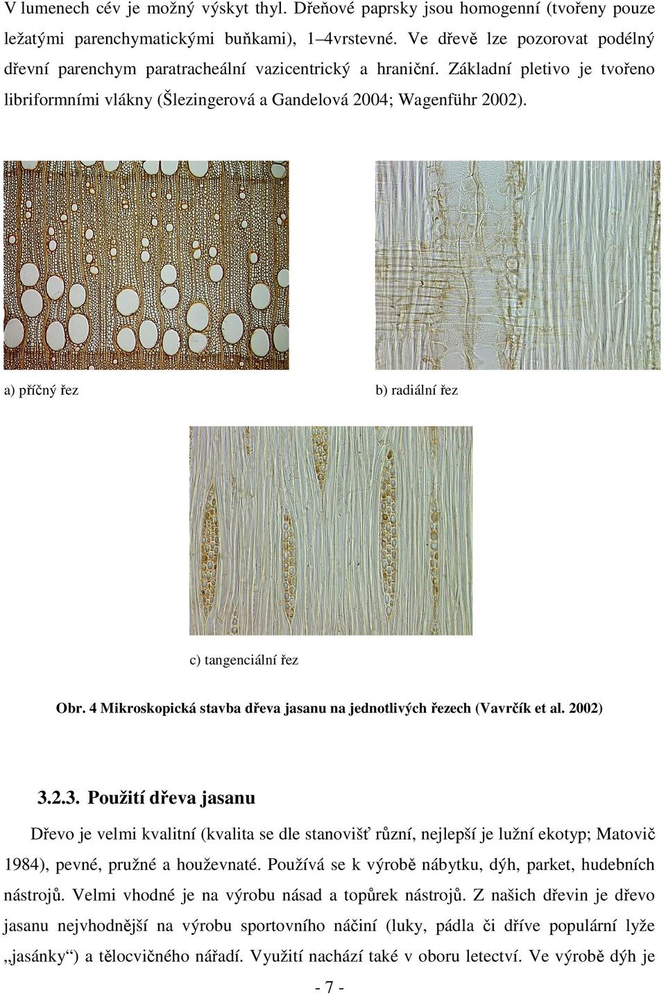 a) příčný řez b) radiální řez c) tangenciální řez Obr. 4 Mikroskopická stavba dřeva jasanu na jednotlivých řezech (Vavrčík et al. 2002) 3.