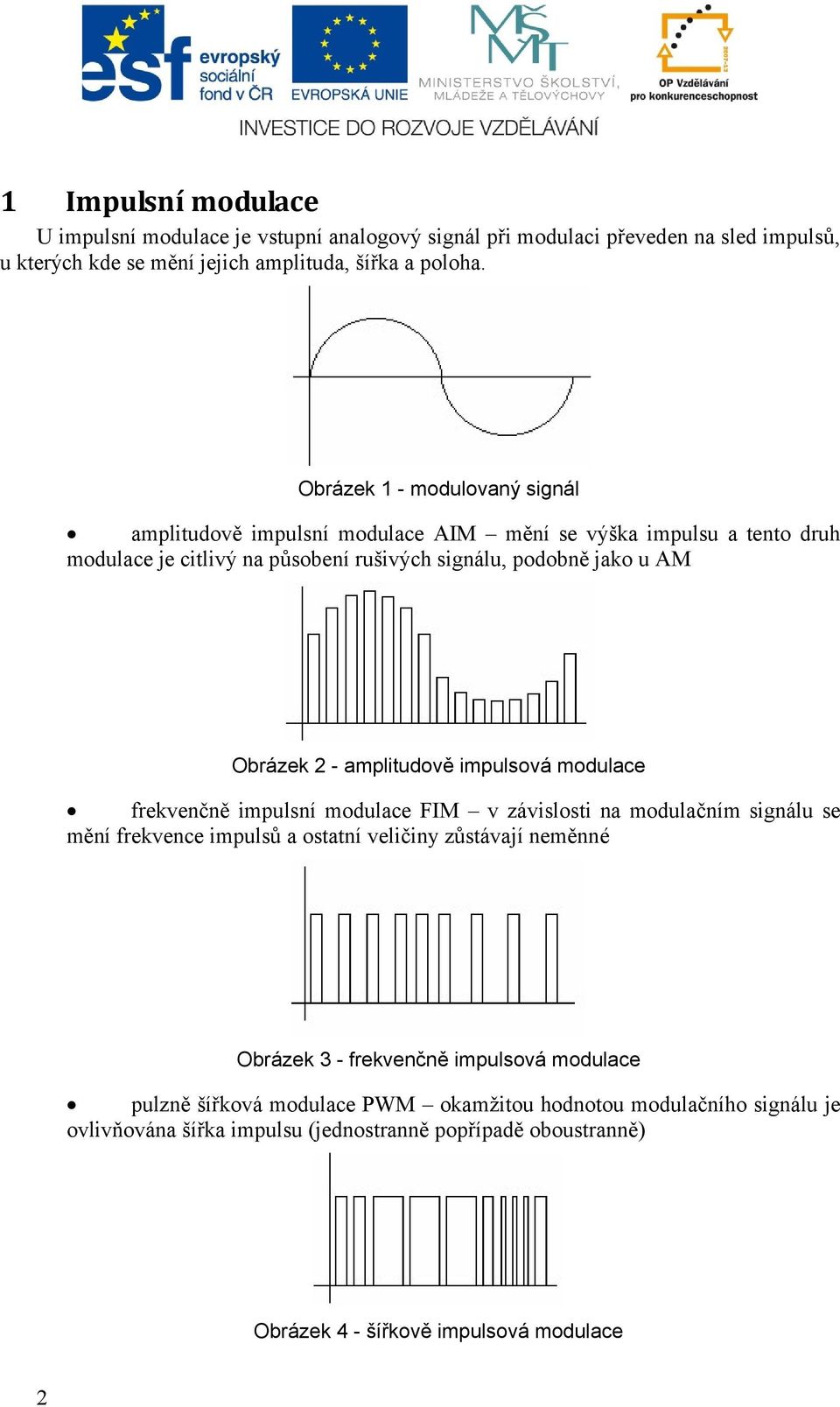 amplitudově impulsová modulace frekvenčně impulsní modulace FIM v závislosti na modulačním signálu se mění frekvence impulsů a ostatní veličiny zůstávají neměnné Obrázek 3 -