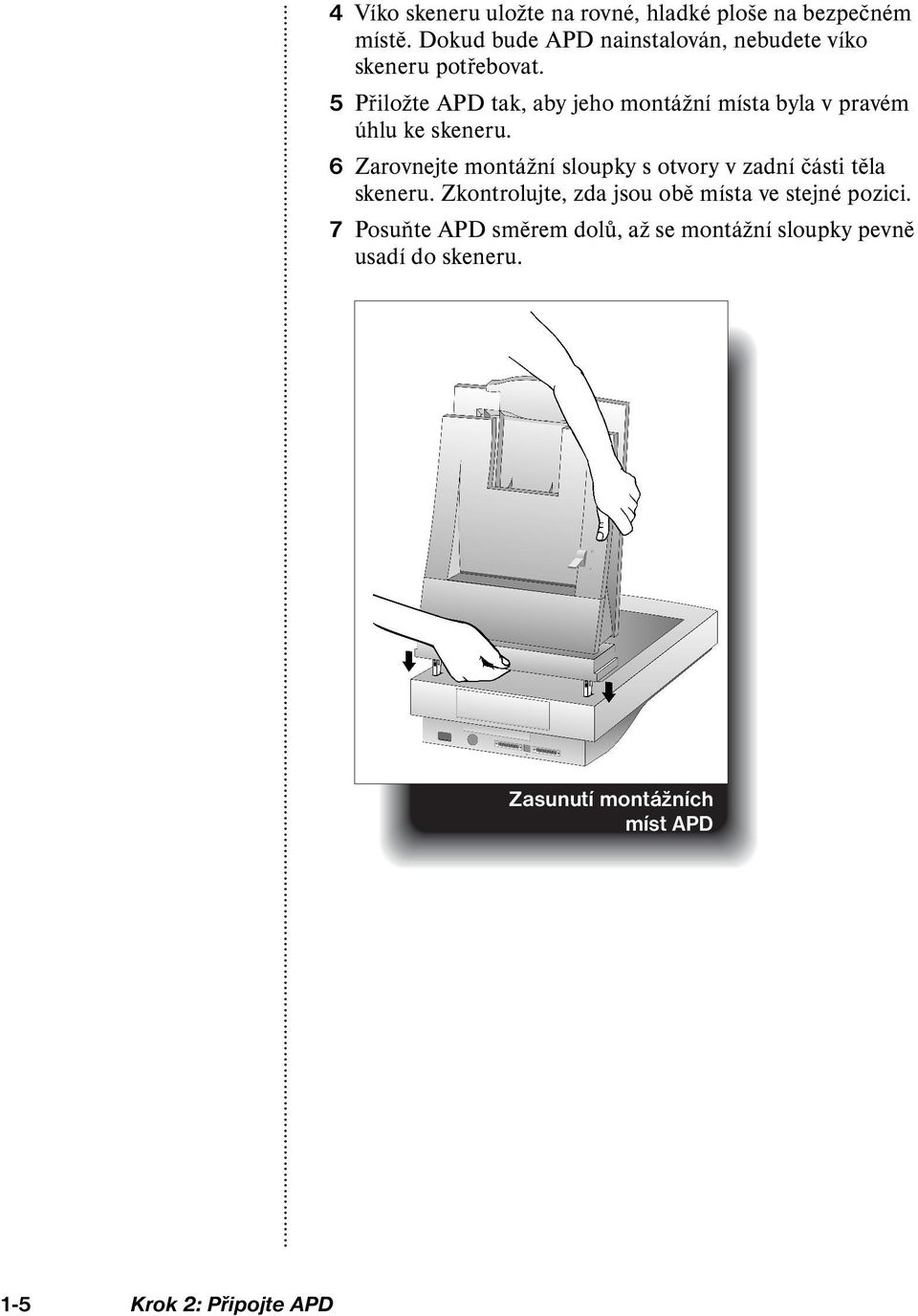 5 Přiložte APD tak, aby jeho montážní místa byla v pravém úhlu ke skeneru.