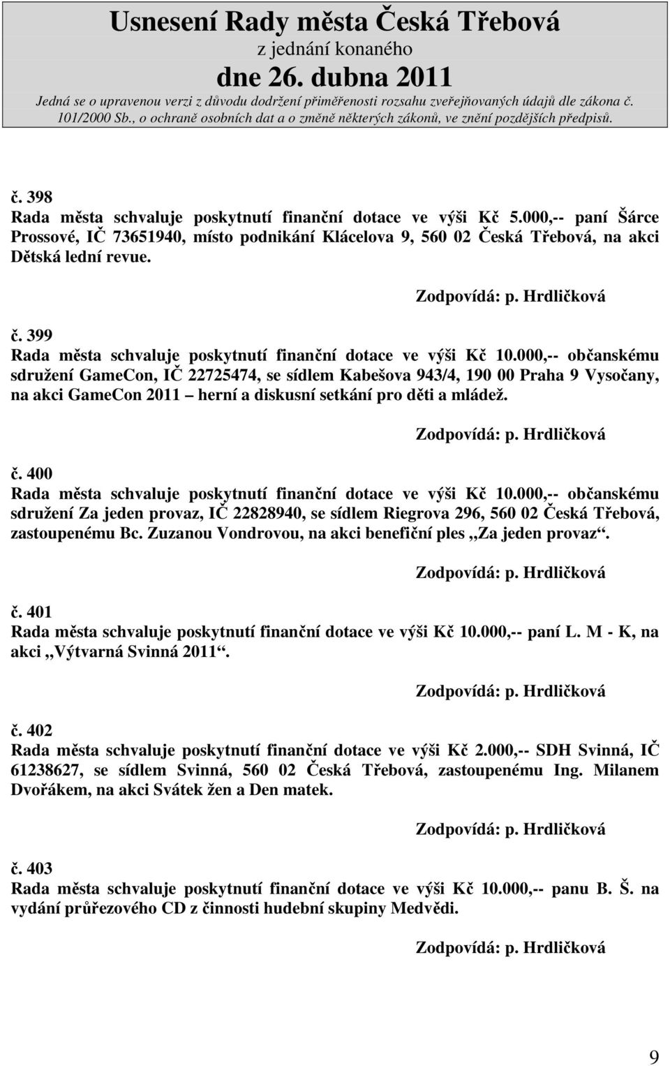 000,-- občanskému sdružení GameCon, IČ 22725474, se sídlem Kabešova 943/4, 190 00 Praha 9 Vysočany, na akci GameCon 2011 herní a diskusní setkání pro děti a mládež. č.