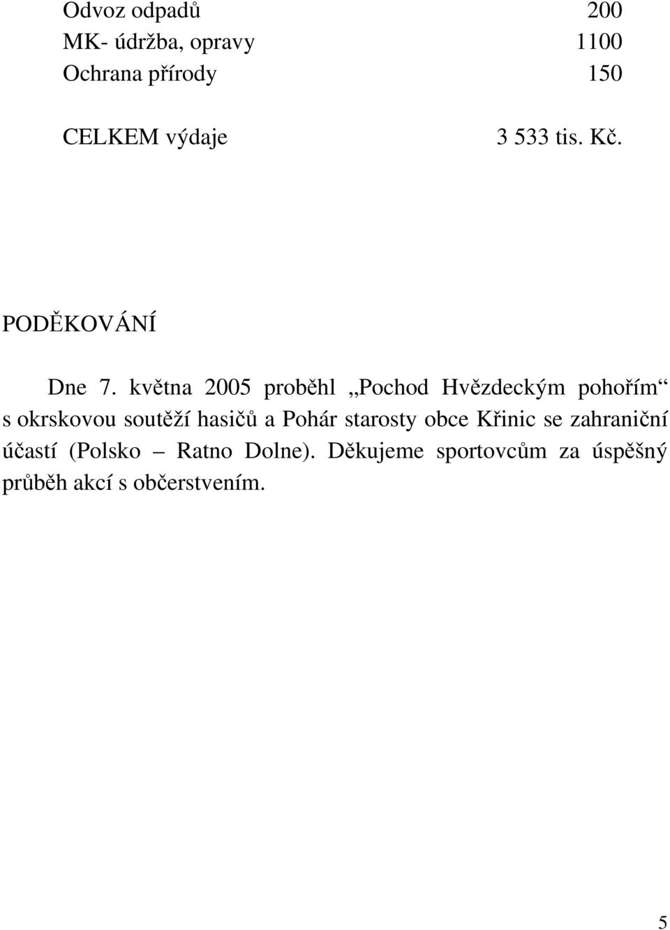 května 2005 proběhl Pochod Hvězdeckým pohořím s okrskovou soutěží hasičů a