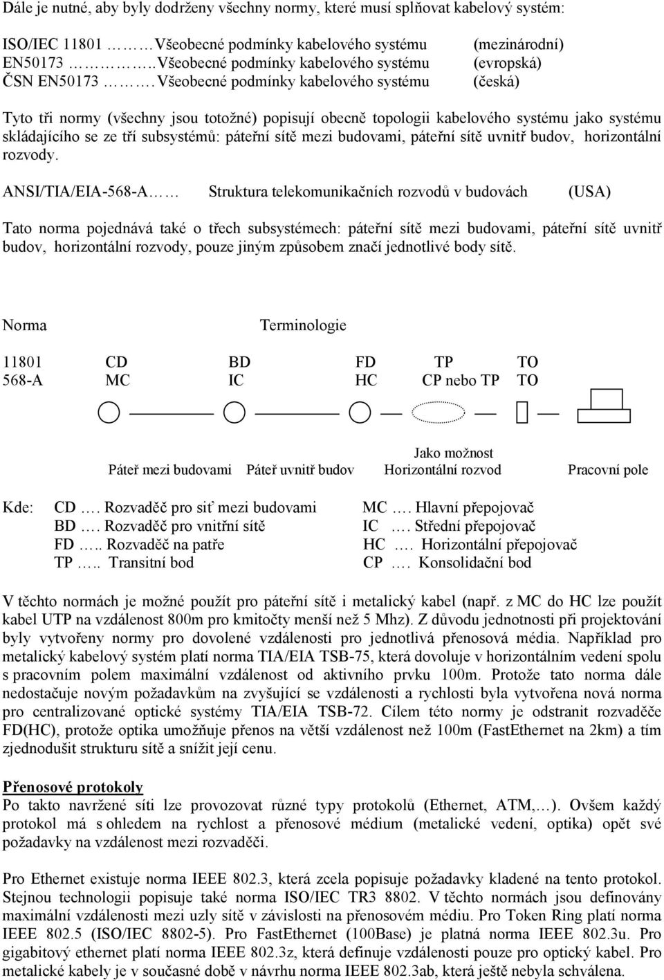 subsystémů: páteřní sítě mezi budovami, páteřní sítě uvnitř budov, horizontální rozvody.