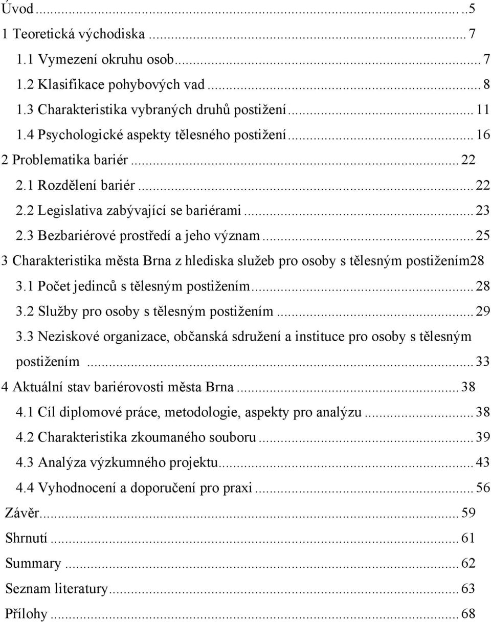 .. 25 3 Charakteristika města Brna z hlediska služeb pro osoby s tělesným postižením28 3.1 Počet jedinců s tělesným postižením... 28 3.2 Služby pro osoby s tělesným postižením... 29 3.