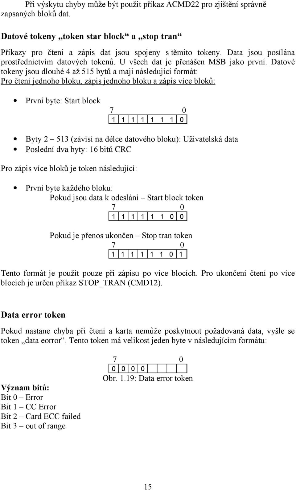 Datové tokeny jsou dlouhé 4 až 515 bytů a mají následující formát: Pro čtení jednoho bloku, zápis jednoho bloku a zápis více bloků: První byte: Start block 7 0 1 1 1 1 1 1 1 0 Byty 2 513 (závisí na
