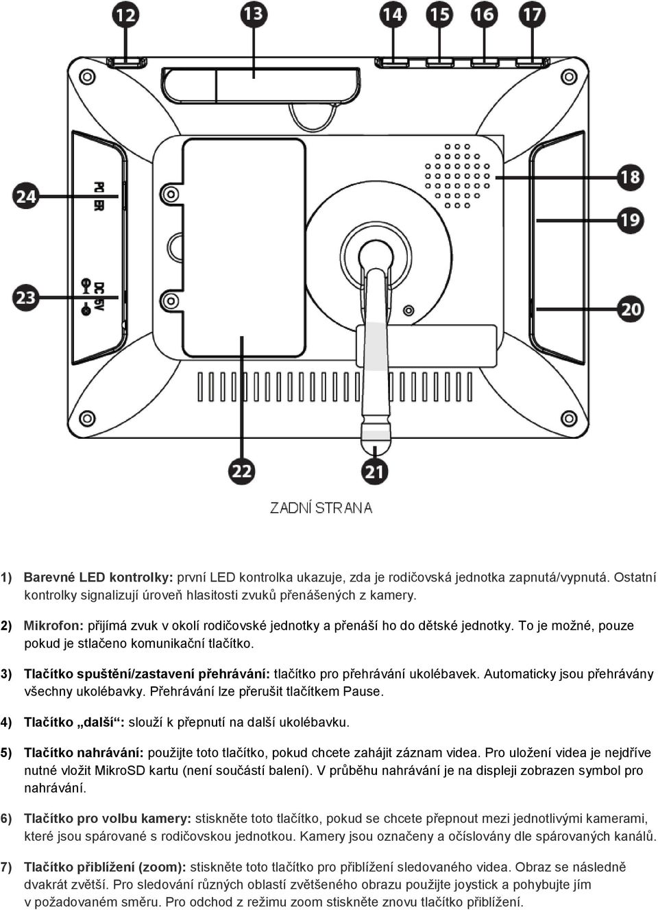 3) Tlačítko spuštění/zastavení přehrávání: tlačítko pro přehrávání ukolébavek. Automaticky jsou přehrávány všechny ukolébavky. Přehrávání lze přerušit tlačítkem Pause.