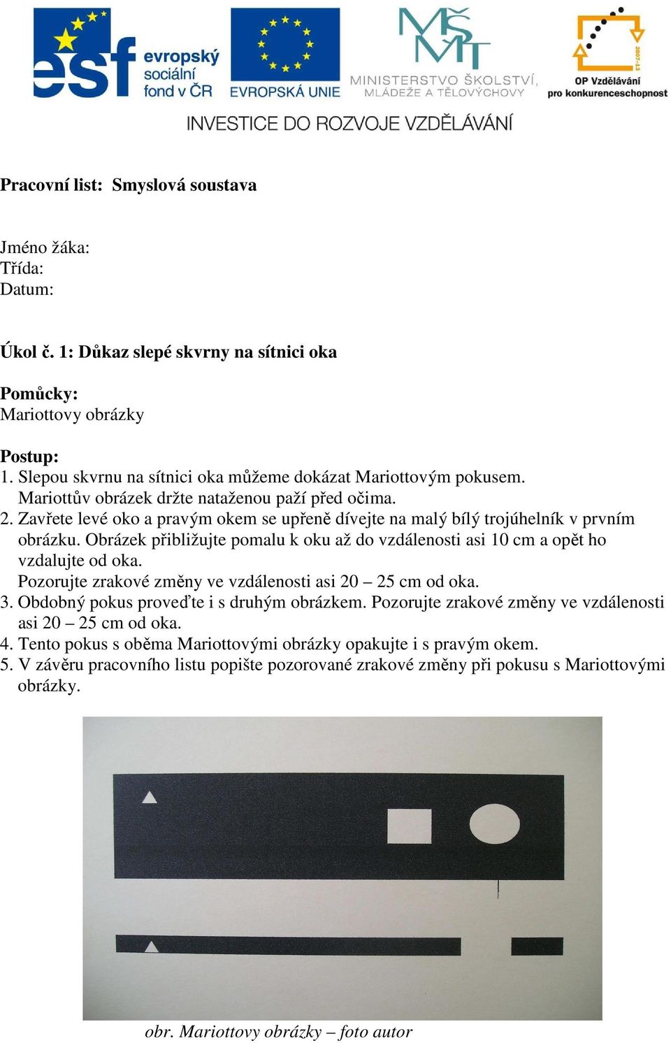 Obrázek přibližujte pomalu k oku až do vzdálenosti asi 10 cm a opět ho vzdalujte od oka. Pozorujte zrakové změny ve vzdálenosti asi 20 25 cm od oka. 3. Obdobný pokus proveďte i s druhým obrázkem.