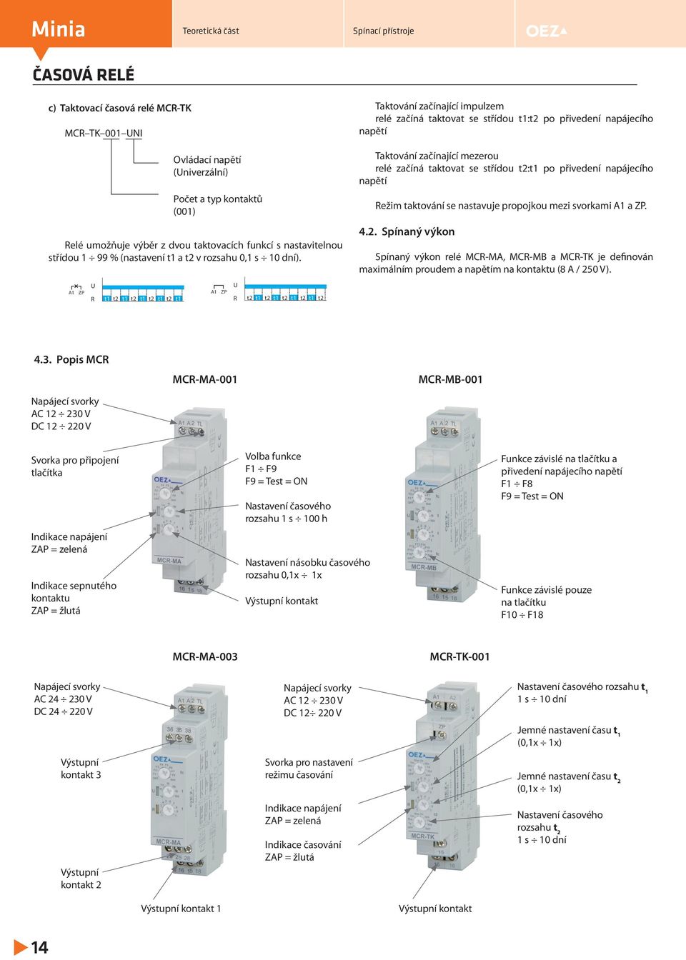 začínající mezerou relé začíná akova se sřídou 2:1 po přivedení napájecího napěí Režim akování se nasavuje propojkou mezi svorkami a ZP. 4.2. Spínaný výkon Spínaný výkon relé MCR-MA, MCR-MB a MCR-K je definován maximálním proudem a napěím na konaku (8 A / 250 V).