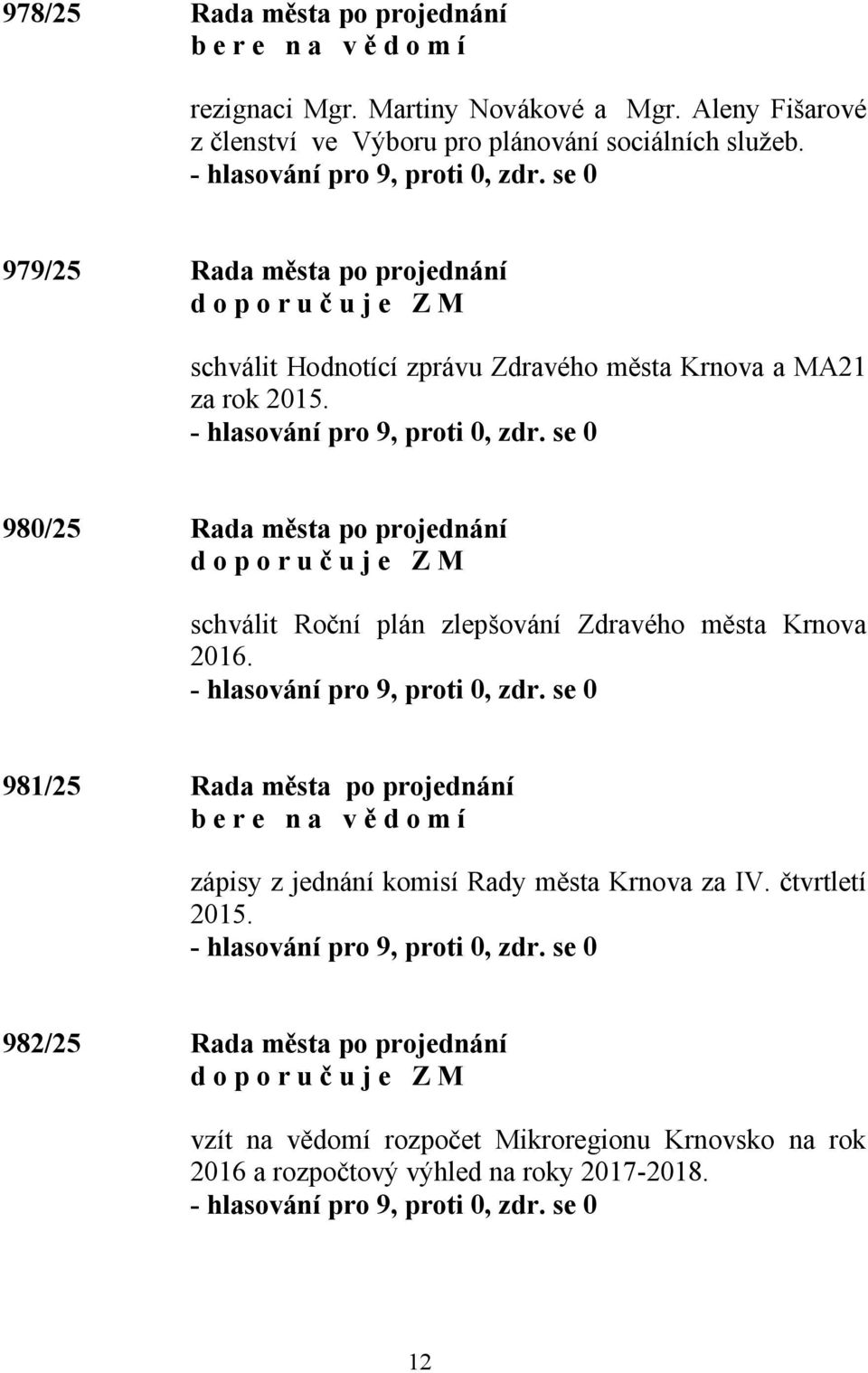 979/25 Rada města po projednání schválit Hodnotící zprávu Zdravého města Krnova a MA21 za rok 2015.