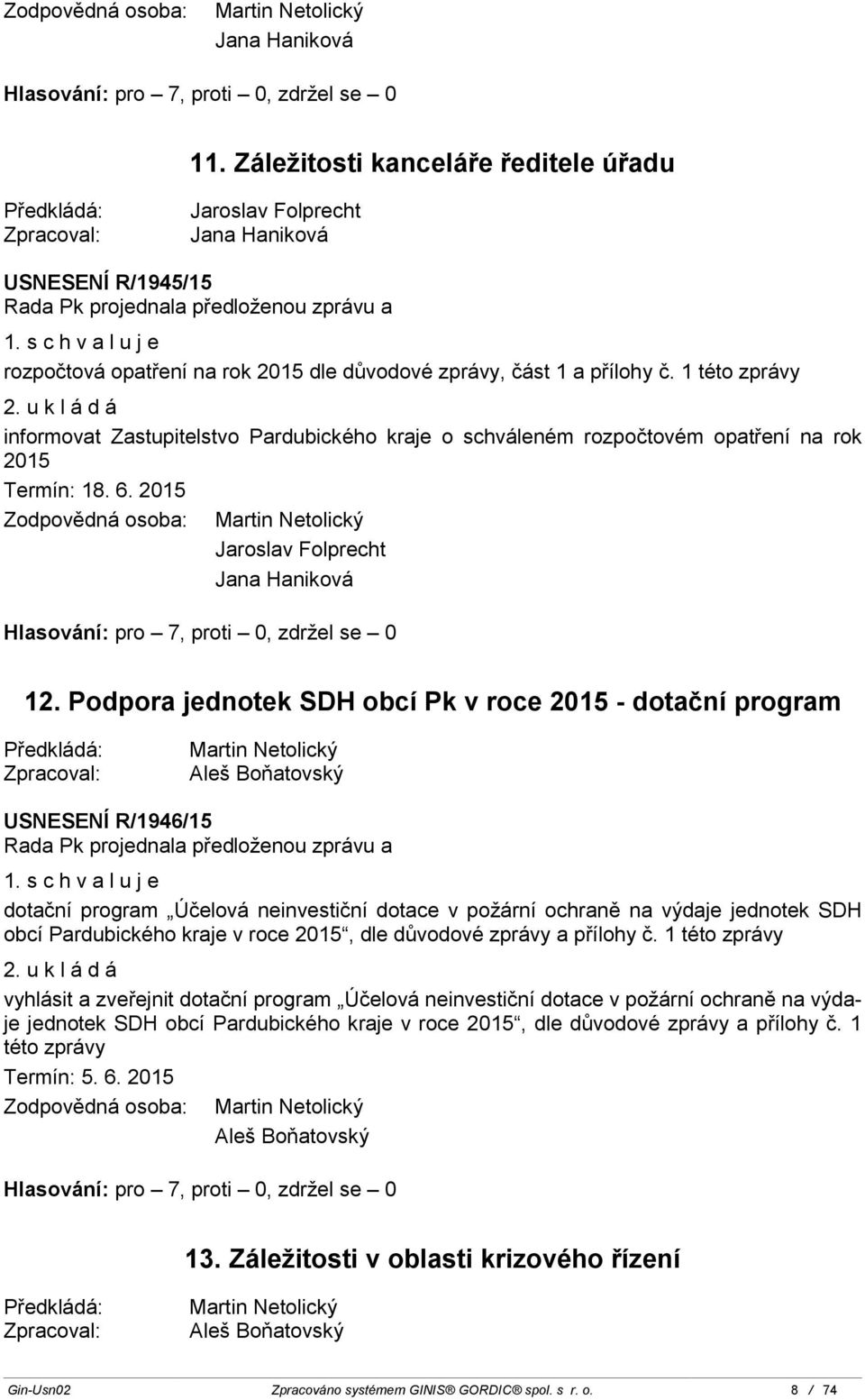 Podpora jednotek SDH obcí Pk v roce 2015 - dotační program Aleš Boňatovský USNESENÍ R/1946/15 1.