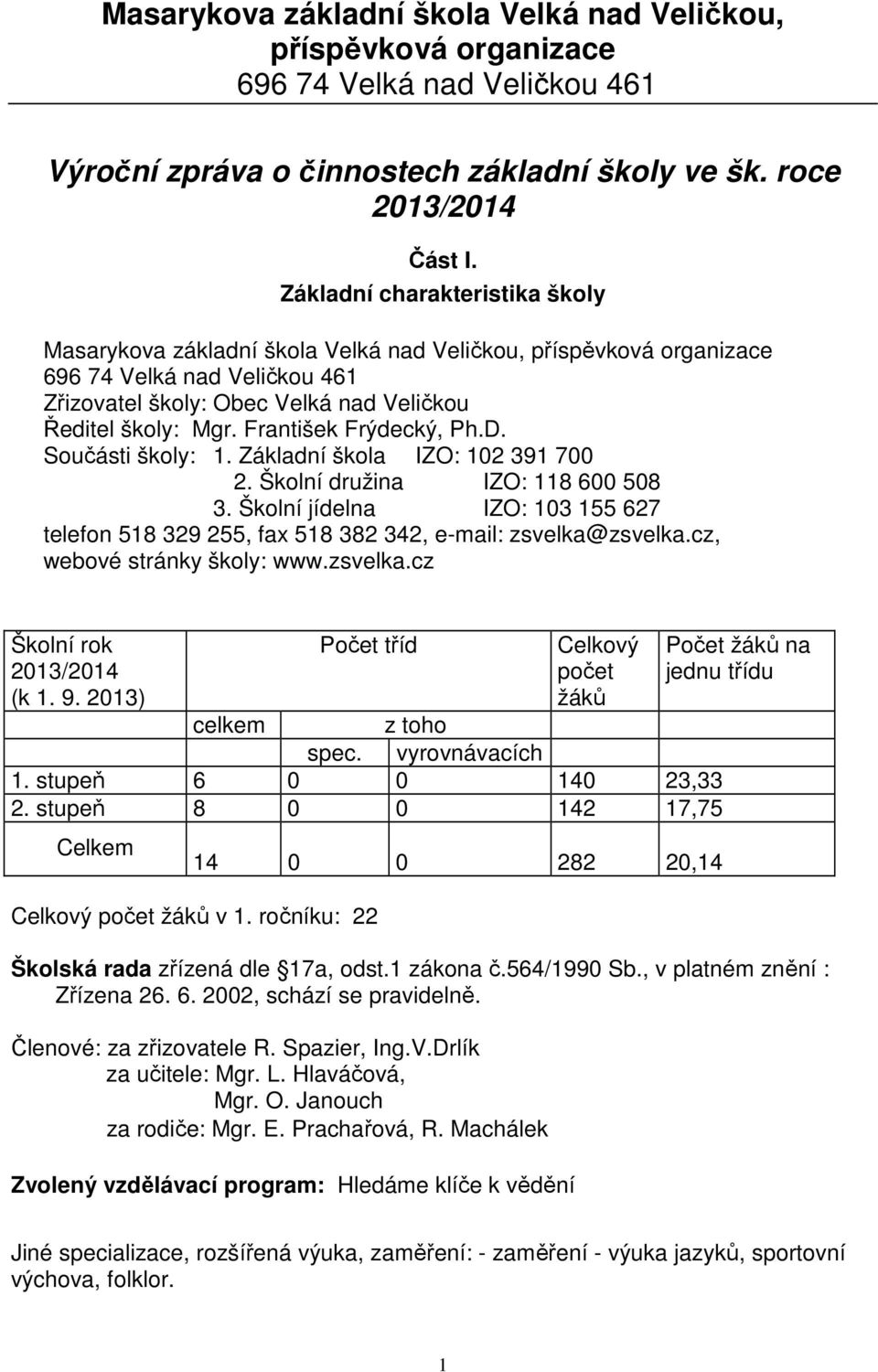 František Frýdecký, Ph.D. Součásti školy: 1. Základní škola IZO: 102 391 700 2. Školní družina IZO: 118 600 508 3.