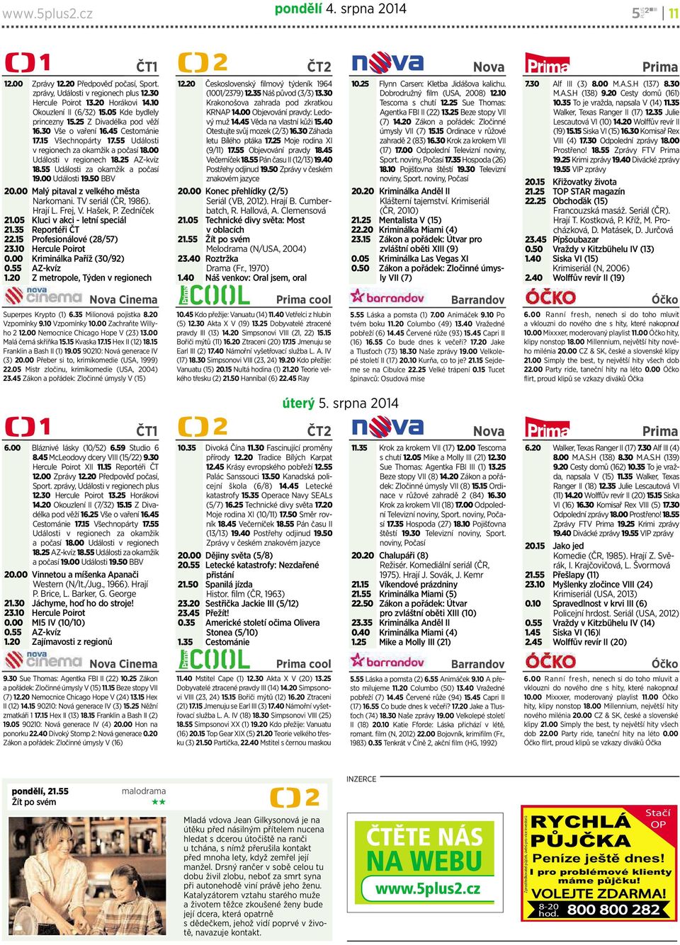 55 Události za okamžik a počasí 19.00 Události 19.50 BBV 20.00 Malý pitavalzvelkého města Narkomani. TVseriál(ČR, 1986). Hrají L. Frej, V. Hašek, P. Zedníček 21.05 Kluci vakci-letní speciál 21.