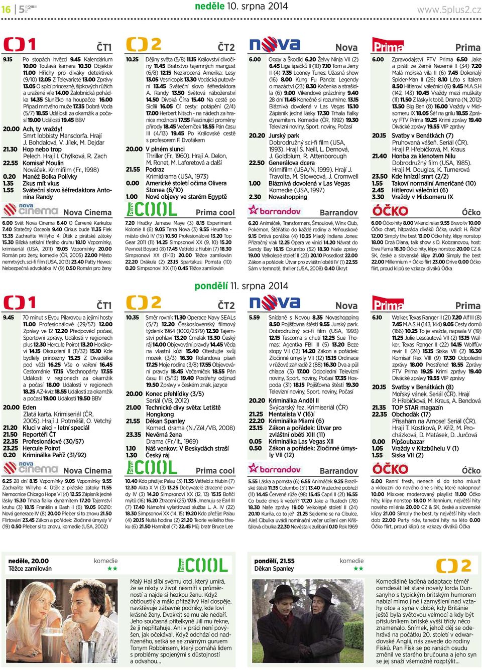 00 Události 19.45 BBV 20.00 Ach, ty vraždy! Smrtlobbisty Mansdorfa.Hrají J. Bohdalová, V. Jílek, M. Dejdar 21.30 Hop nebo trop Pelech. Hrají I. Chýlková, R. Zach 22.55 KomisařMoulin Nováček.