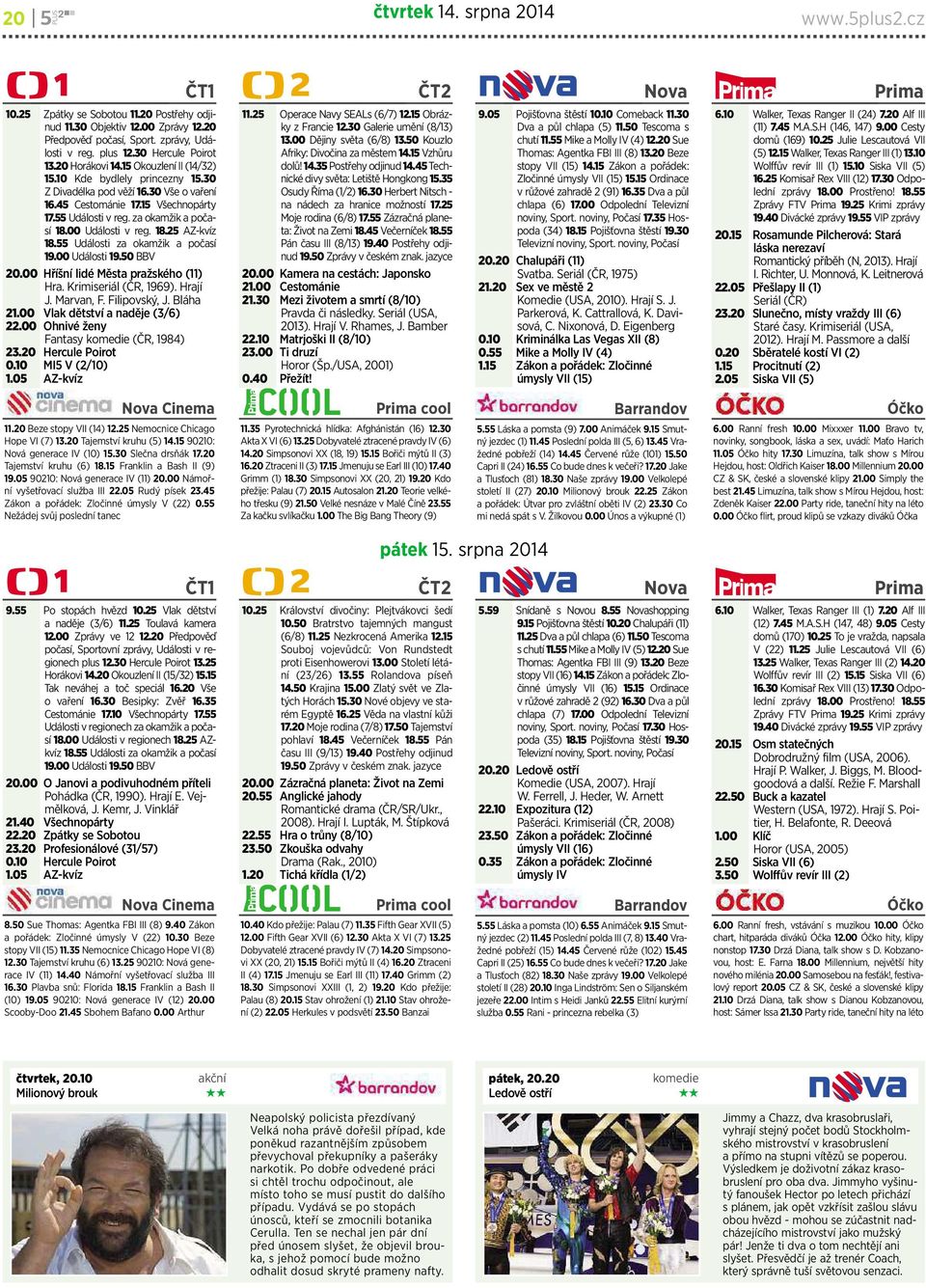 00 Události v reg. 18.25 AZ-kvíz 18.55 Události za okamžik a počasí 19.00 Události 19.50 BBV 20.00 Hříšní lidé Městapražského (11) Hra. Krimiseriál (ČR, 1969). Hrají J. Marvan, F. Filipovský, J.