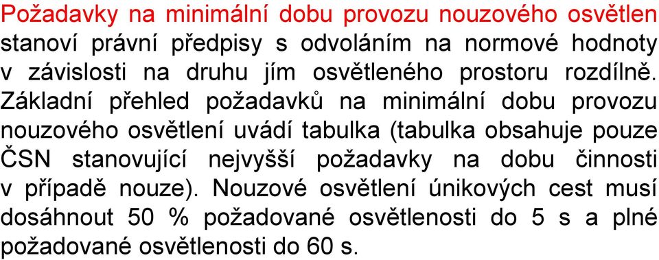 Základní přehled požadavků na minimální dobu provozu nouzového osvětlení uvádí tabulka (tabulka obsahuje pouze ČSN