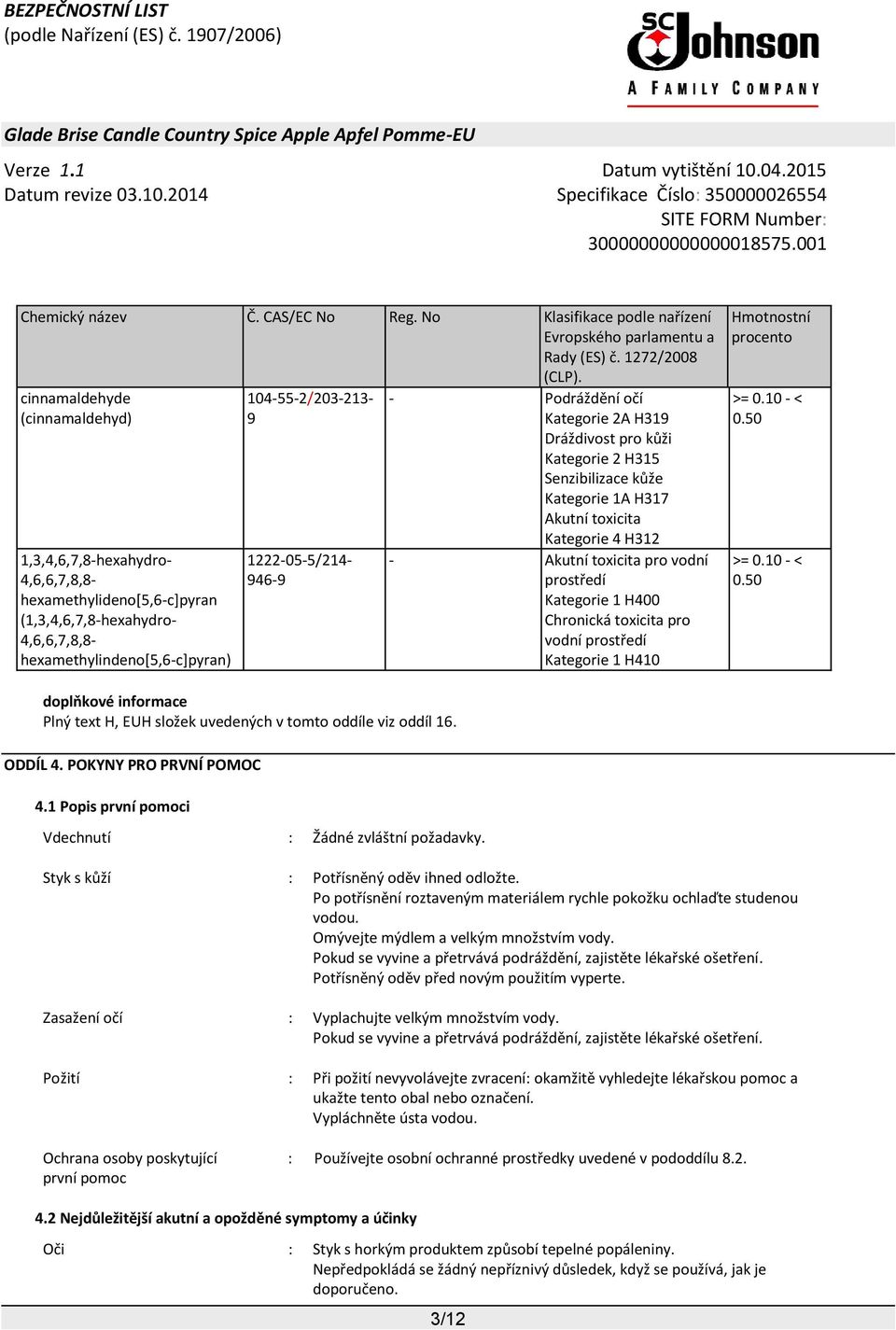 1A H317 Akutní toxicita Kategorie 4 H312 - Akutní toxicita pro vodní prostředí Kategorie 1 H400 Chronická toxicita pro vodní prostředí Kategorie 1 H410 Hmotnostní procento >= 0.10 - < 0.50 >= 0.