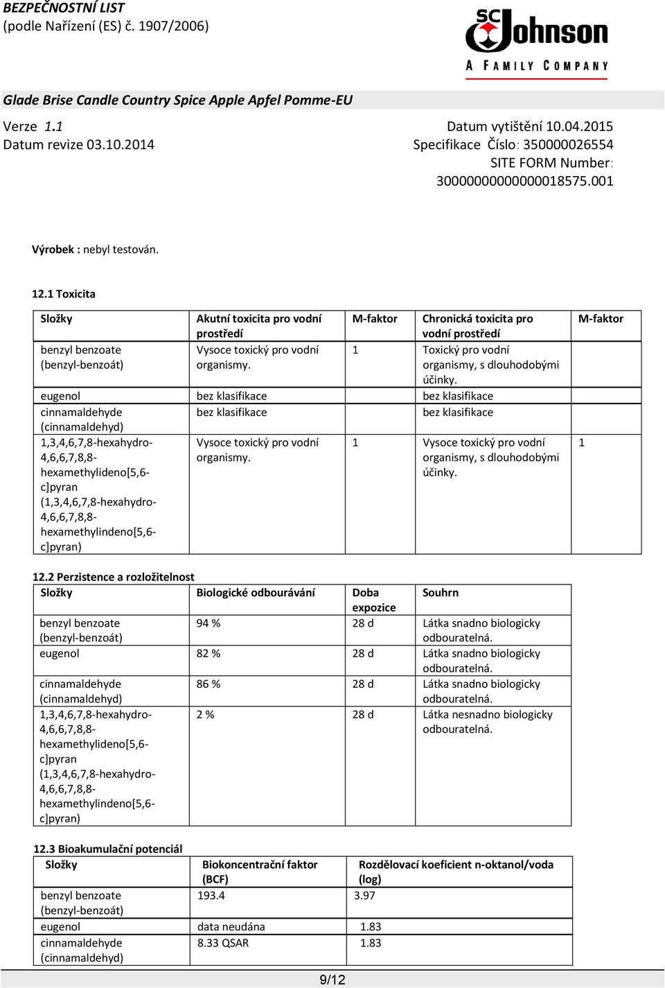 eugenol bez klasifikace bez klasifikace bez klasifikace bez klasifikace hexamethylideno[5,6- c]pyran hexamethylindeno[5,6- c]pyran) Vysoce toxický pro vodní organismy.