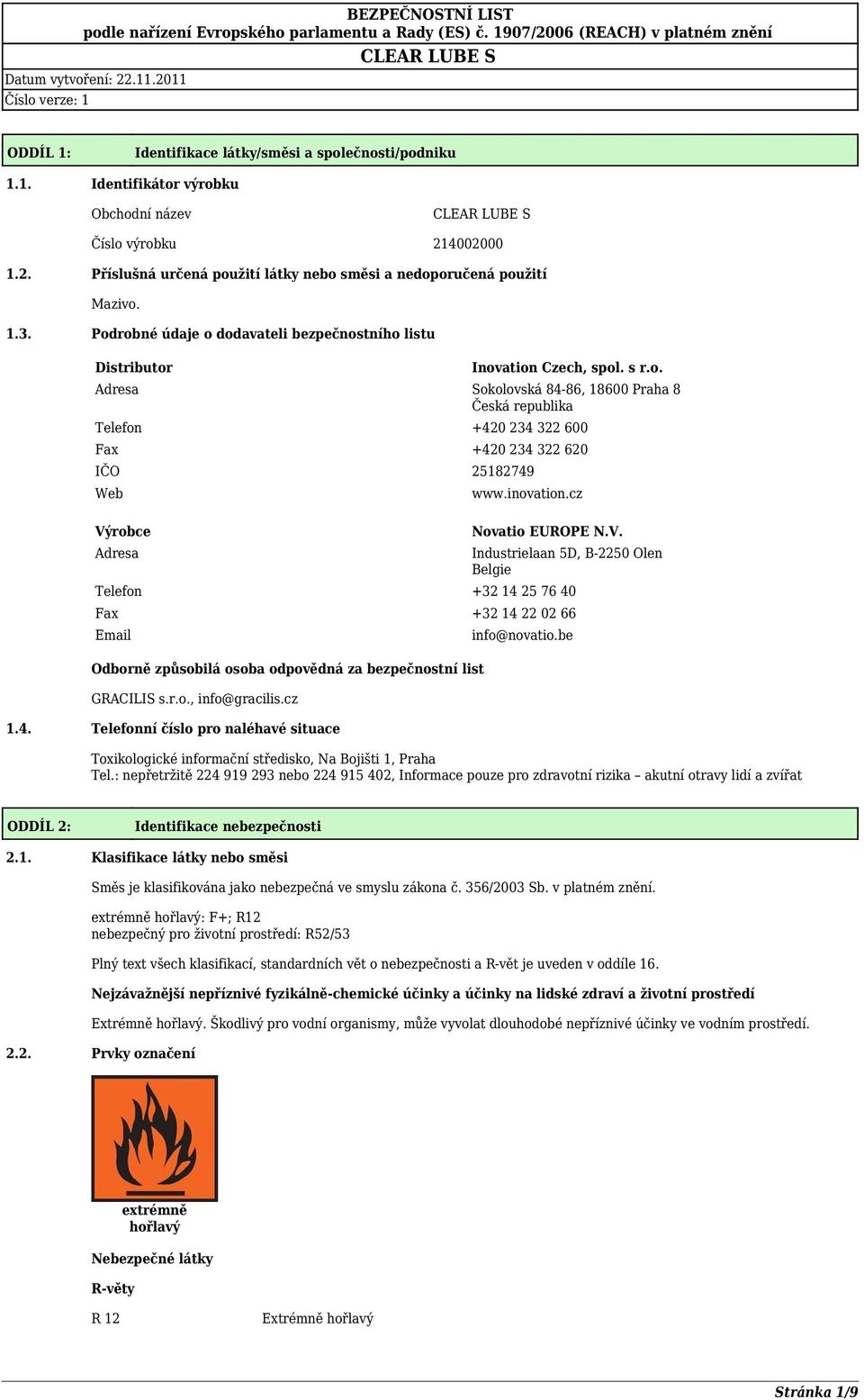 inovation.cz Novatio EUROPE N.V. Industrielaan 5D, B-2250 Olen Belgie Telefon +32 14 25 76 40 Fax +32 14 22 02 66 Email Odborně způsobilá osoba odpovědná za bezpečnostní list GRACILIS s.r.o., info@gracilis.