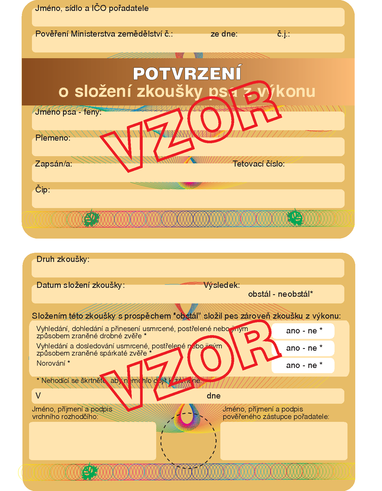 Vzor potvrzení o složení zkoušky psa z výkonu