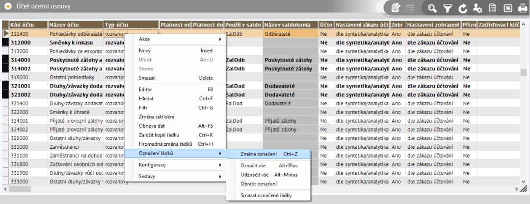 V režimu detail: klávesami stejně jako v režimu tabulka myší zatržením zaškrtávacího políčka vlevo dole Příklad - označený účet v režimu detail Příklad vyvolané pomocné menu pro označení Význam