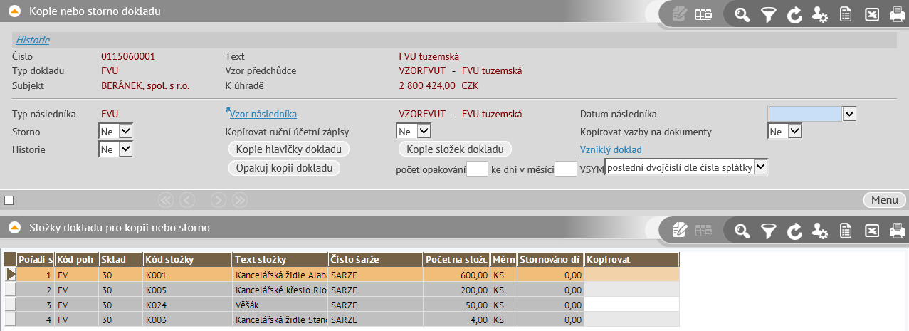 Kopírování Kopírovat záznamy lze pomocí klávesové zkratky CTRL+K (v režimu tabulka i detail) nebo pomocí akcí pro kopírování. Při kopírování pomocí CTRL+K se nezkopírují vazební restrikce (např.