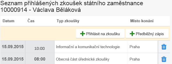 Obrázek 27: Termíny zkoušek 6. Zadaný termín zkoušky se uloží v seznamu přihlášených zkoušek (viz obrázek 28), na které je konkrétní státní zaměstnanec přihlášen.