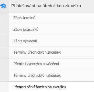 3.9 Přehled přihlášených na zkoušku Role Editace účasti na úřednické zkoušce.