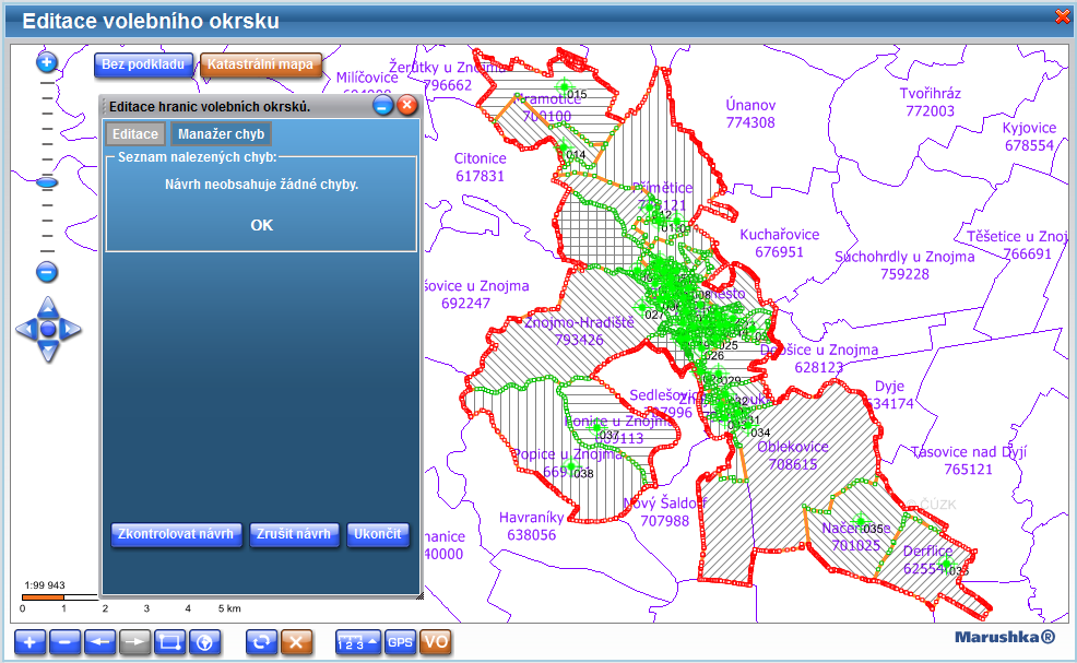 3.1.7 Grafická kontrola NZ Po dokončení editace hranic VO je nutné zkontrolovat grafický návrh v Marushce. Klikněte na tlačítko Zkontrolovat návrh v dolní části okna.