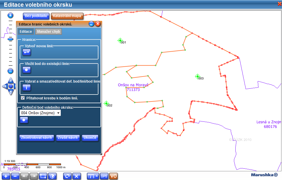 3.2.2 Grafické založení volebního okrsku Dalším krokem je zadání lokalizačních údajů, tj. hranice VO a definičního bodu VO.