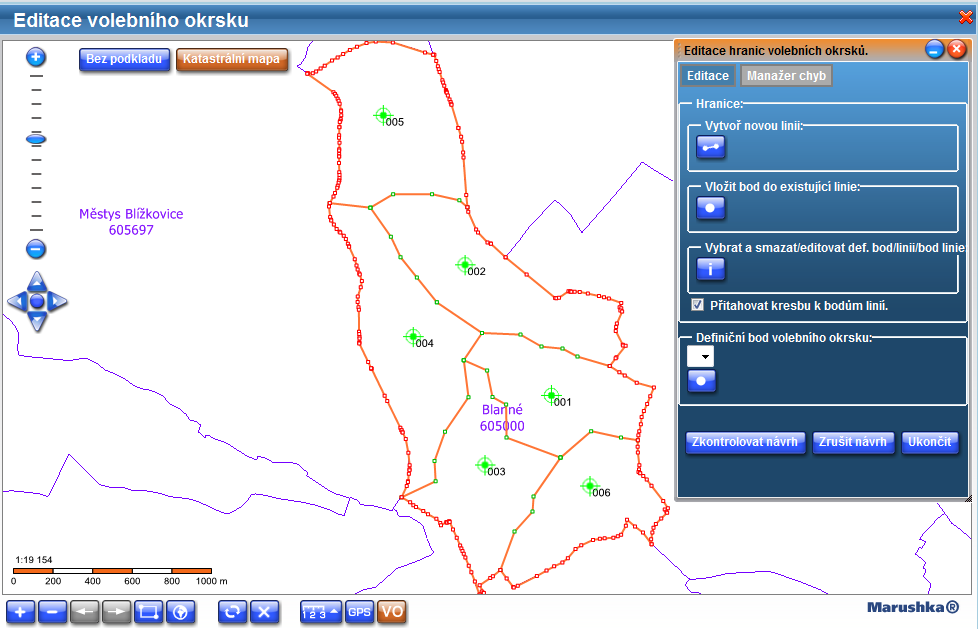 Nyní se nacházíte zpět v NZ s načteným rušeným VO č. 6: Klikněte na tlačítko Lokalizační údaje, otevře se grafický editor Marushka, kde provedete změnu v hranicích všech VO, vyvolanou rušením VO č.