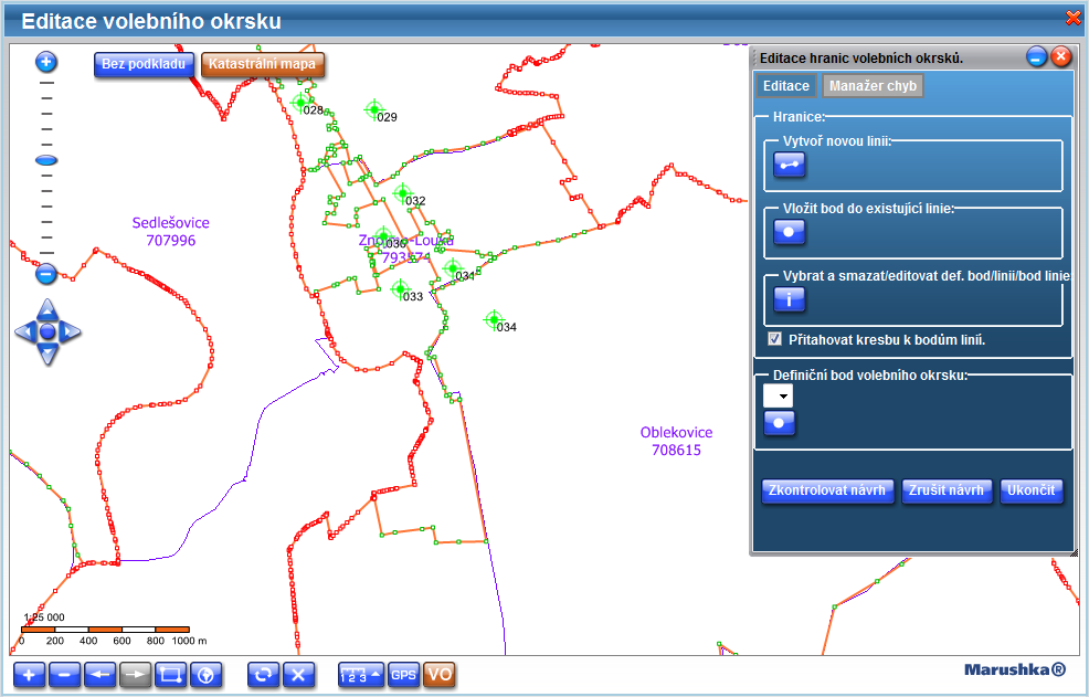 Nyní se nacházíte zpět v NZ s načteným rušeným VO č. 33: Klikněte na tlačítko Lokalizační údaje, otevře se grafický editor Marushka. Při rušení VO č.