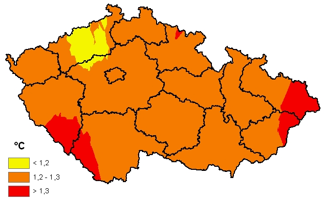 Trend zjištěného zvýšení průměrných ročních teplot (0,24 o C/10 let) odpovídá globálním hodnotám i hodnotám uváděným pro Evropu (0,2 o C/10 let).