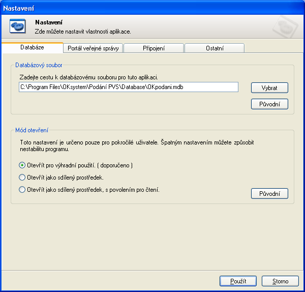 Záložka "Databáze" je rozdělena na dvě části "Databázový soubor" a "Mód otevření".