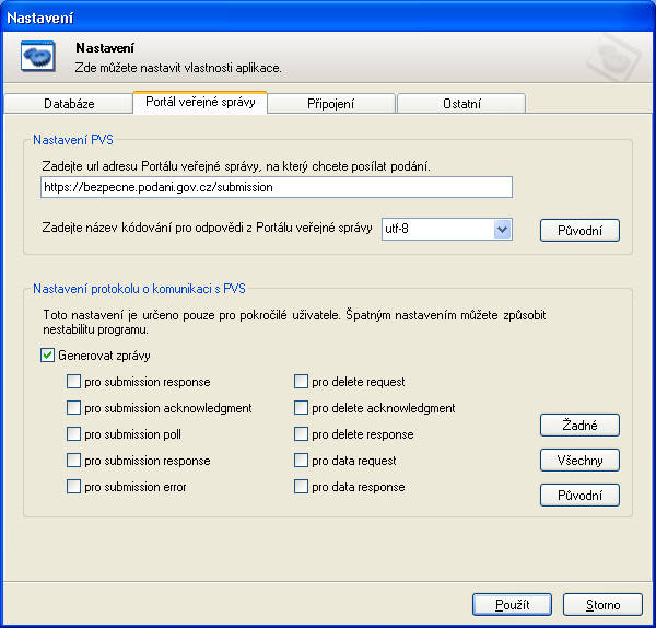 Záložka "Portál veřejné správy" obsahuje části "Nastavení PVS" a "Nastavení protokolu o komunikaci s PVS".