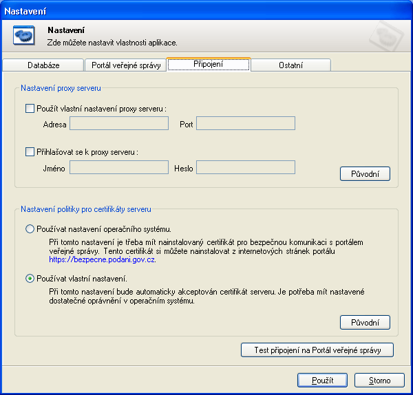 Třetí záložka "Připojení" je rozdělena na části "Nastavení proxy serveru" a "Nastavení politiky pro certifikáty serveru".