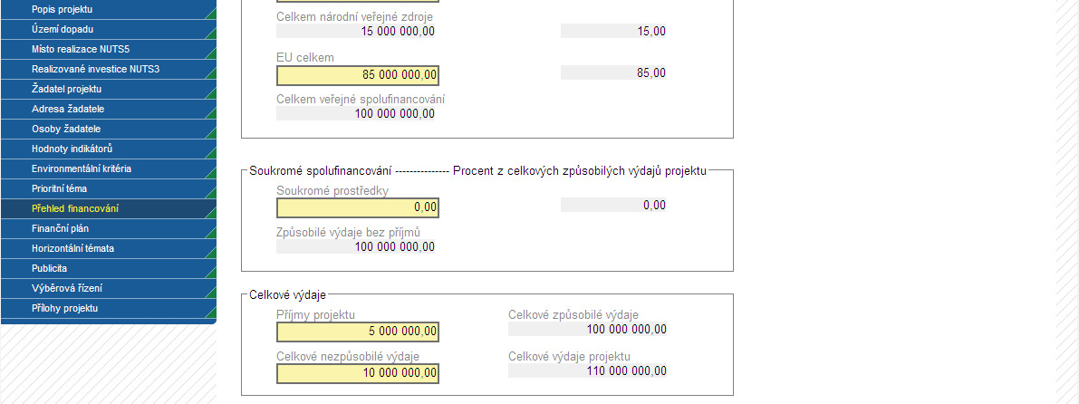 Přehled financování Veřejné spolufinancování (uvedou se pouze pro způsobilé výdaje projektu!