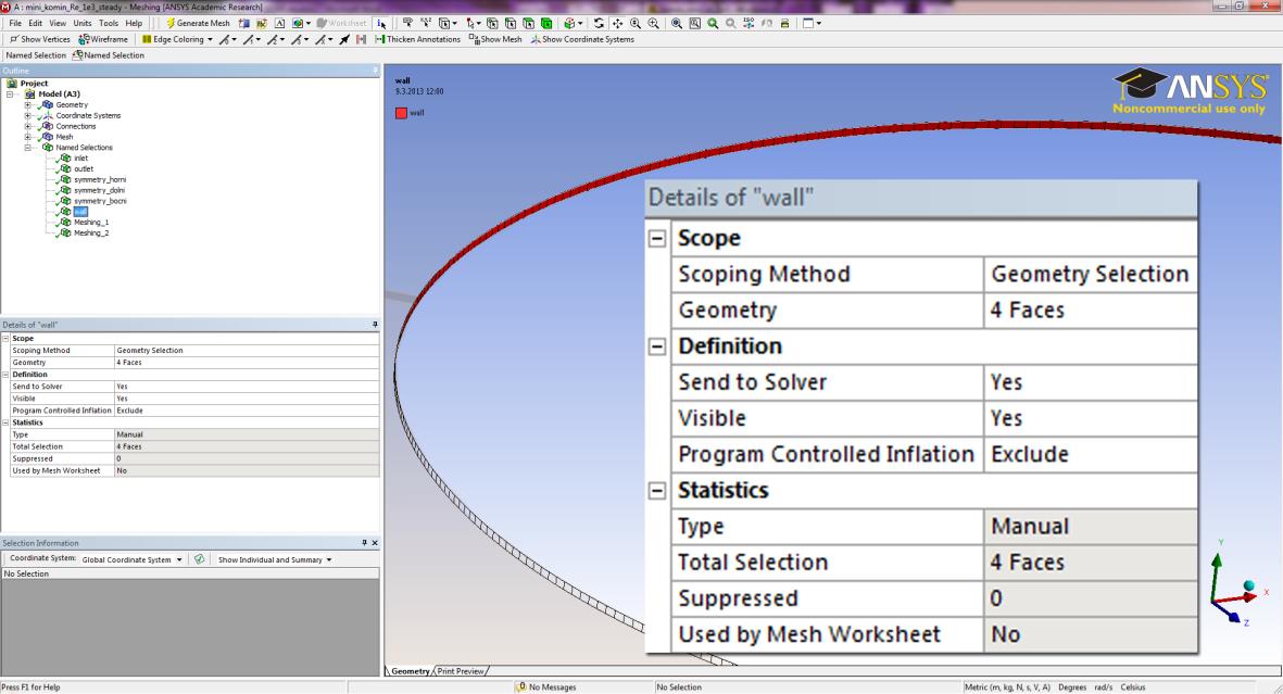 5 MODELOVÁNÍ A SIMULACE OBTÉKÁNÍ KOMÍNU 5.2 Vytváření sítě Obr. 5-40: Detaily funkce Named Selections Named Selections jsou také automaticky vytvářeny pří použití funkce Worksheet (viz 5.2.6.4).