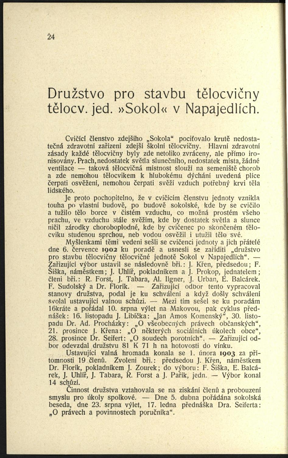 24 Družstvo pro stavbu tělocvičny tělocv. jed.»sokol«v Napajedlích. Cvičící členstvo zdejšího Sokola" pociťovalo krůtě nedosta tečná zdravotní zařízení zdejší školní tělocvičny.