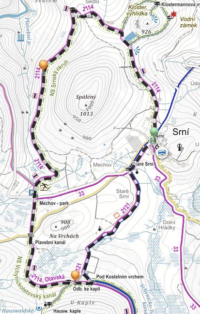 Okolo Srní a kaple B Kolem konce kanálu - Trasa provede návštěvníky kolem Spáleného vrchu, přes
