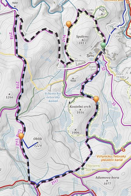 Na Oblík D Přes Sedlo, na Oblík a zpět do Srní kolem kanálu - Trasa provede návštěvníky kolem Spáleného vrchu, přes vyhlídku na Zelené hoře, Oblík, zpět