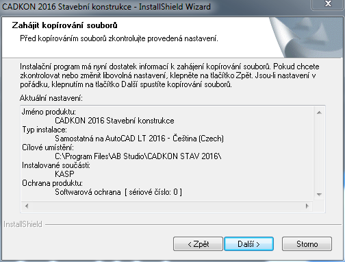 10. Pro závěrečnou kontrolu zadaných parametrů a komponent instalace je zobrazen dialogový panel Zahájit kopírování souborů.