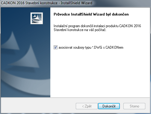 11. Po zkopírování zvolených součástí CADKONu 2016 Stavební konstrukce na disk je zobrazen závěrečný dialog Průvodce InstallShield Wizard byl dokončen.