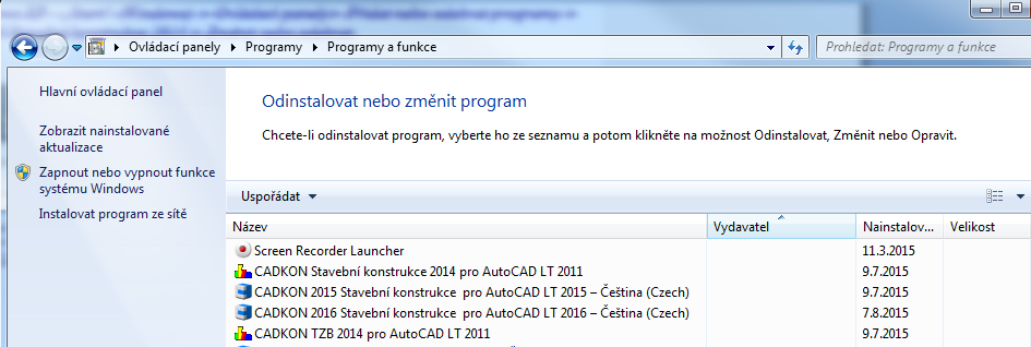 Tip: V případě požadavku na pouhou odinstalaci některých součástí CADKONu Stavební konstrukce není nutné spouštět instalaci z instalačního DVD, ale stačí spustit: Na Windows 8, 7 - Start (Windows) >