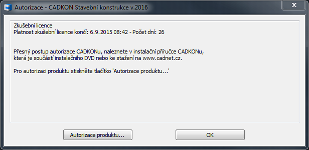 Registrace a autorizace pro jednoho uživatele - softwarová ochrana Instalace CADKONu 2016 Stavební konstrukce je chráněna proti nelegálnímu používání softwarovým klíčem (softlockem).